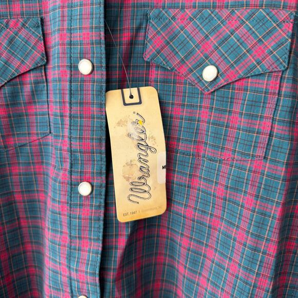 Wrangler Button Down Western Shirt Pearl Snap Plaid Navy Pink Girls XL Rodeo - Picture 9 of 12